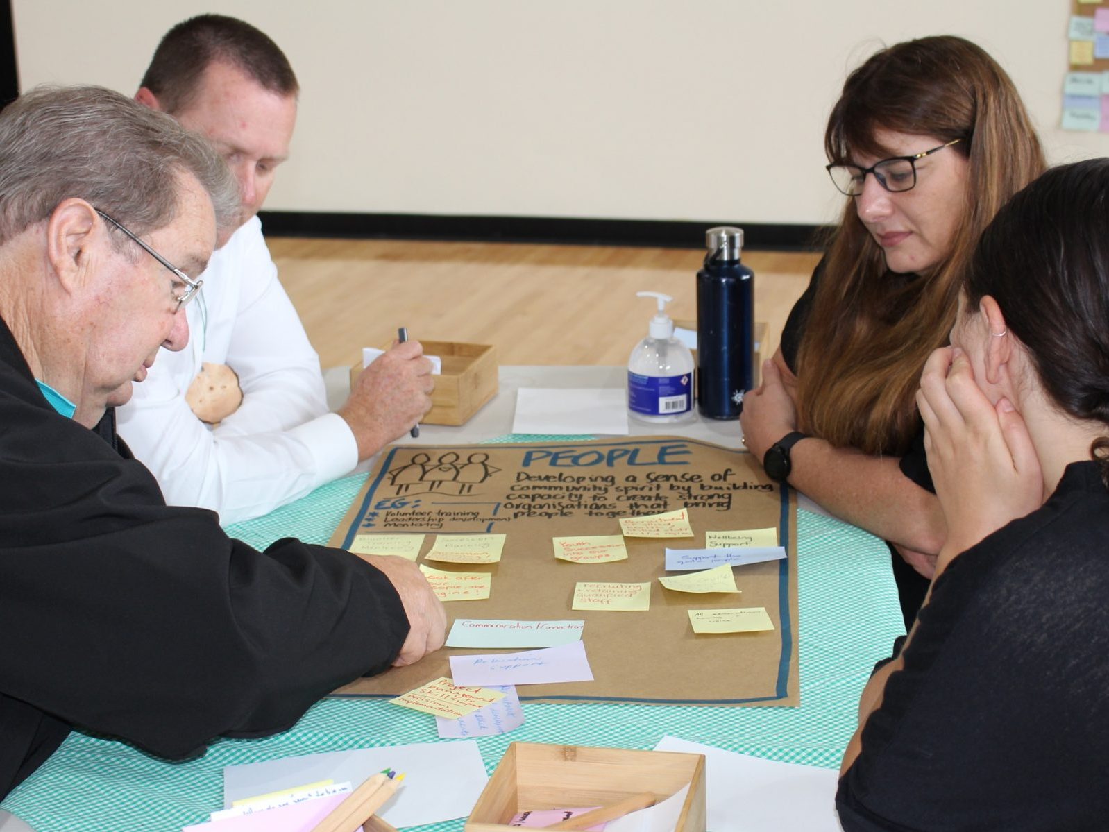 a group of people in discussion around a table with post it notes