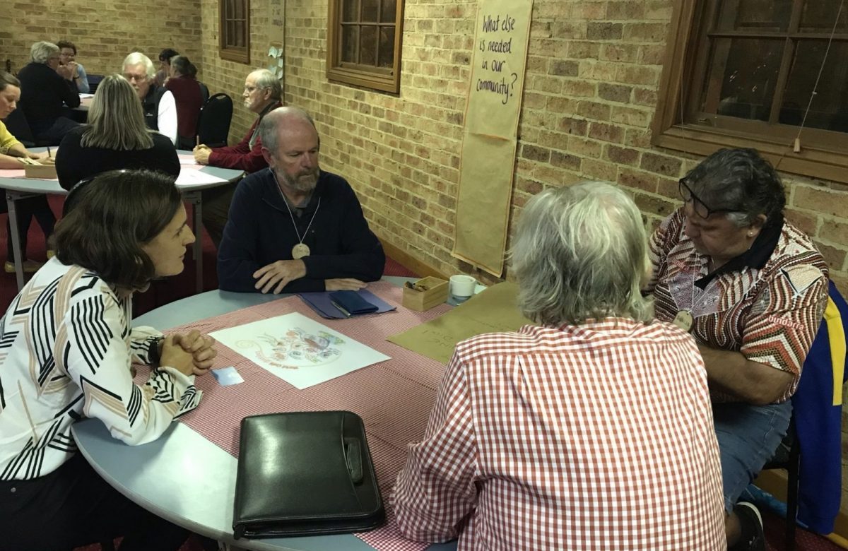 group of people writing on a poster around a table